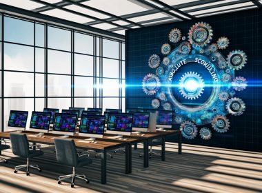 Hochmodernes Büro mit mehreren Bildschirmen für API-Workflows und große Zahnraduhr im Vordergrund zur symbolischen Darstellung genauer Zeitplanung.