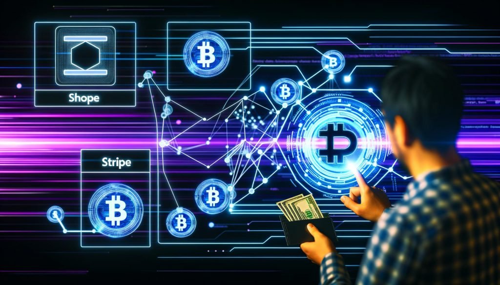 Visualisierung eines modernen E-Commerce-Dashboards im Cyberpunk-Stil mit eingebettetem Stripe-Zahlungsfenster, Blockchain-Verbindungen, Wallet-Anbindung und Loyalty-Token.