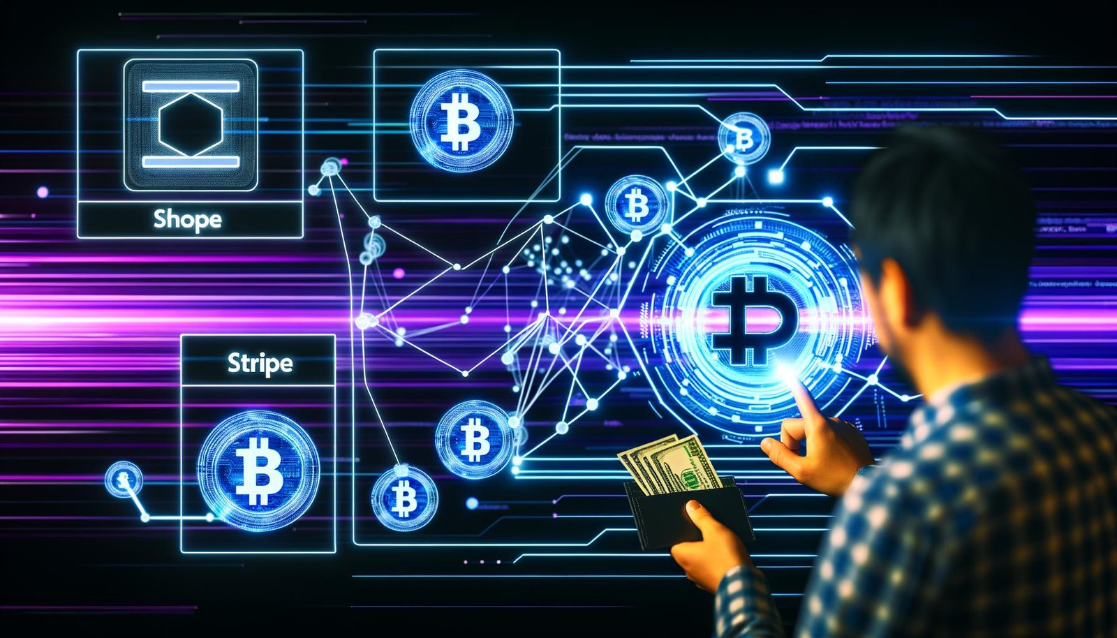 Visualisierung eines modernen E-Commerce-Dashboards im Cyberpunk-Stil mit eingebettetem Stripe-Zahlungsfenster, Blockchain-Verbindungen, Wallet-Anbindung und Loyalty-Token.