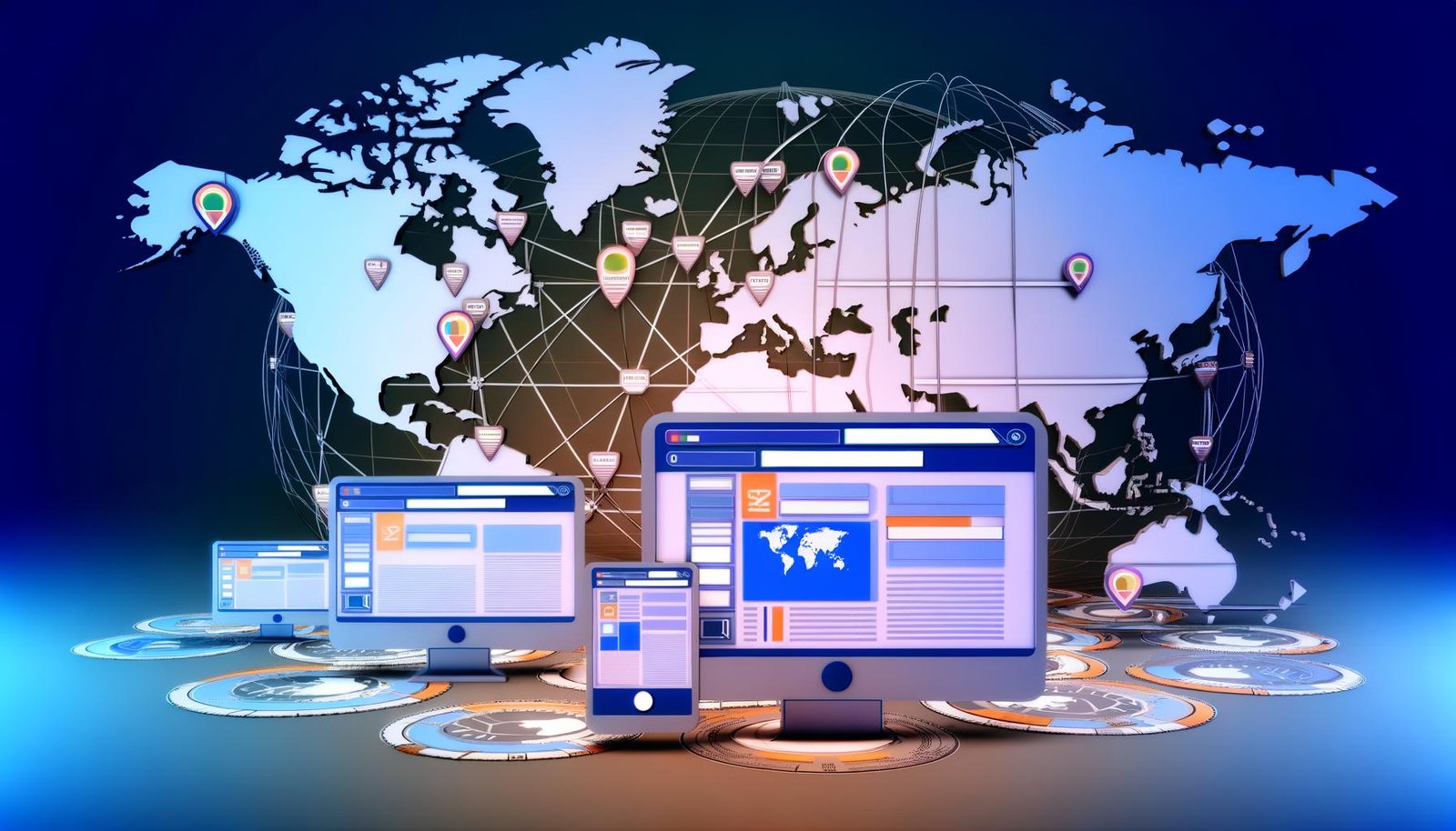 Dynamische Darstellung mehrsprachiger Webseiten auf Computer- und Mobilbildschirmen, vernetzt auf einer stilisierten Weltkarte mit internationalen Zielmärkten und technischen SEO-Elementen.