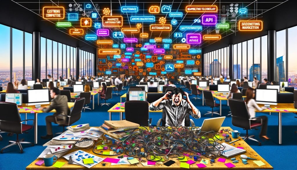 Hektisches Marketingbüro mit flowchart-bedeckten Wänden, digitalen Dashboards und einem überforderten Marketer am Schreibtisch mit zahlreichen MarTech-Tools.