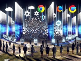 Futuristische Marketing-Szene mit zerbrechenden Third-Party-Cookies, Marketer mit Hightech-Tools vor Browser-Icons wie Chrome und Firefox in einer abstrakten digitalen Datenlandschaft.