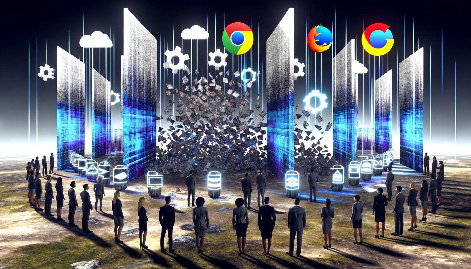 Futuristische Marketing-Szene mit zerbrechenden Third-Party-Cookies, Marketer mit Hightech-Tools vor Browser-Icons wie Chrome und Firefox in einer abstrakten digitalen Datenlandschaft.