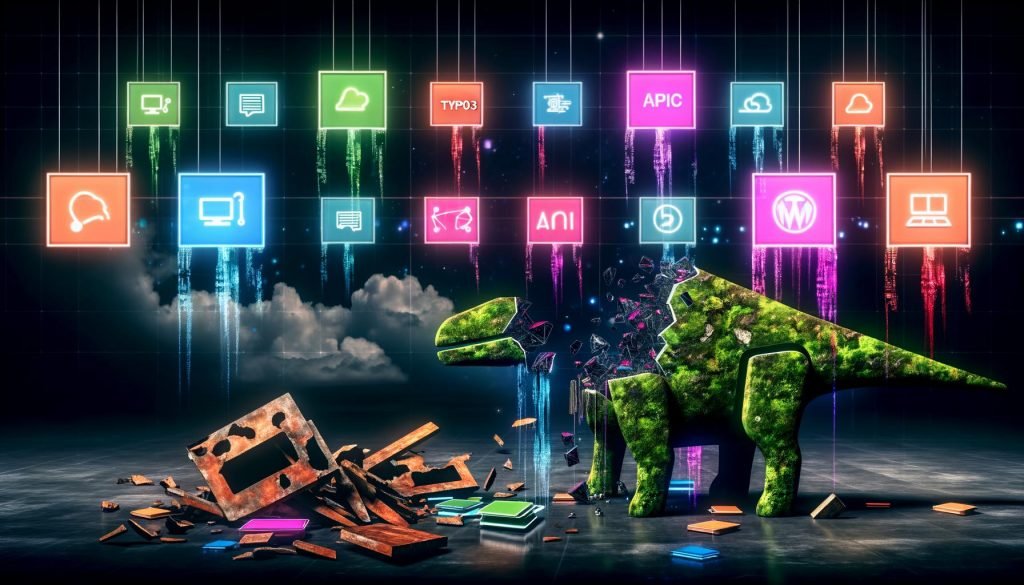 Zerschmettertes klassisches CMS-Dashboard mit Typo3- und WordPress-Elementen vor modernen, schwebenden Cloud-Interfaces und innovativen Arbeitsabläufen.