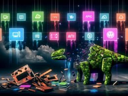 Zerschmettertes klassisches CMS-Dashboard mit Typo3- und WordPress-Elementen vor modernen, schwebenden Cloud-Interfaces und innovativen Arbeitsabläufen.