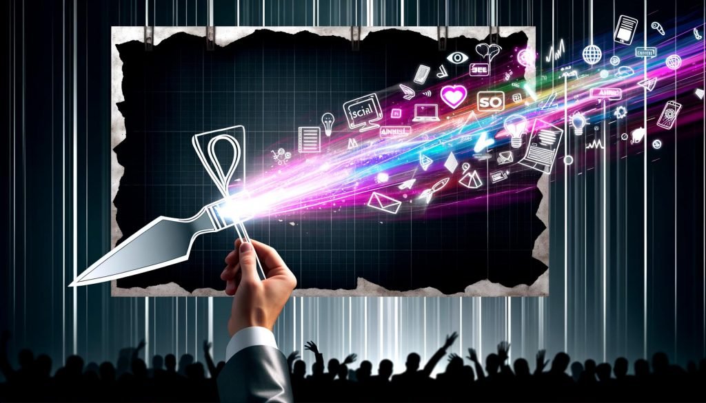 Business-Hand mit Skalpell durchtrennt farbloses Werbeplakat und setzt bunte digitale Marketing-Icons frei, umgeben von Datenströmen und aufmerksamem Publikum.