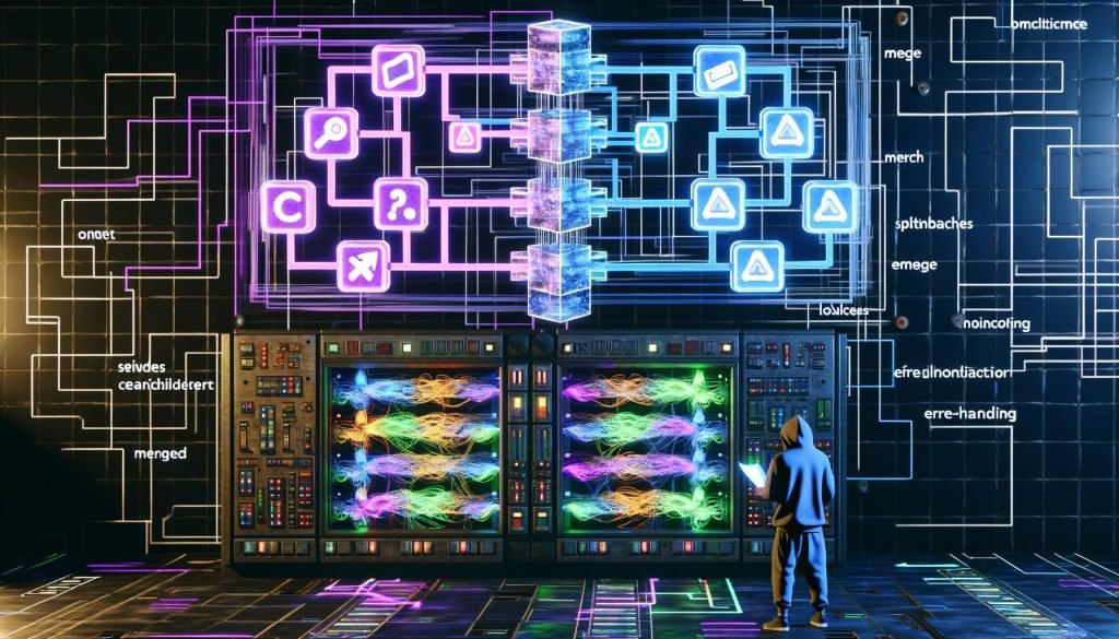 Digitalisierter Cyberpunk-Maschinenraum mit transparentem Schaltpult, farbigen Datenströmen und schwebenden n8n-Nodes in klar strukturiertem Flowchart, dazu ein Operator im Hoodie.