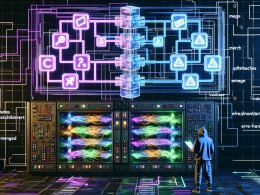 Digitalisierter Cyberpunk-Maschinenraum mit transparentem Schaltpult, farbigen Datenströmen und schwebenden n8n-Nodes in klar strukturiertem Flowchart, dazu ein Operator im Hoodie.