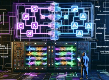 Digitalisierter Cyberpunk-Maschinenraum mit transparentem Schaltpult, farbigen Datenströmen und schwebenden n8n-Nodes in klar strukturiertem Flowchart, dazu ein Operator im Hoodie.