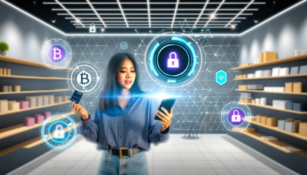 Junge Frau nutzt Smartphone im modernen E-Commerce-Shop mit Blockchain-Symbolen, NFTs, Loyalty-Token, Shop-Elementen und Stripe-Logos im Hintergrund.