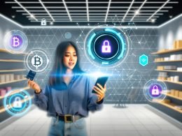 Junge Frau nutzt Smartphone im modernen E-Commerce-Shop mit Blockchain-Symbolen, NFTs, Loyalty-Token, Shop-Elementen und Stripe-Logos im Hintergrund.