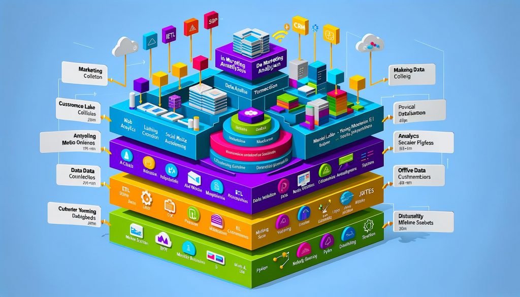 Detailreiche, isometrische Infografik eines typischen Marketing Datenanalyse Stacks 2024/2025 mit Ebenen für Datensammlung, ETL, Data Warehouse, Analytics, Dashboards sowie Datenschutz- und Skalierbarkeitssymbolen.