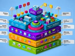 Detailreiche, isometrische Infografik eines typischen Marketing Datenanalyse Stacks 2024/2025 mit Ebenen für Datensammlung, ETL, Data Warehouse, Analytics, Dashboards sowie Datenschutz- und Skalierbarkeitssymbolen.