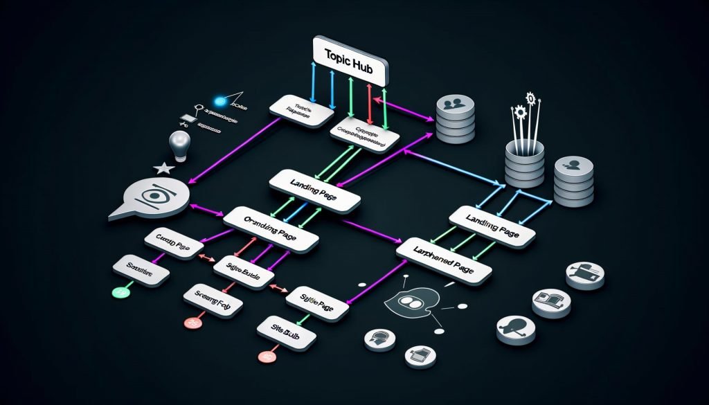 Stilisiertes Organigramm einer Website-Architektur mit Hubs, Clustern, verwaister Seite und SEO-Tool-Icons auf dunklem Hintergrund