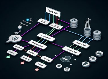 Stilisiertes Organigramm einer Website-Architektur mit Hubs, Clustern, verwaister Seite und SEO-Tool-Icons auf dunklem Hintergrund