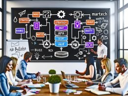 Moderne Marketingredaktion mit diversen Expert:innen, die vor einem großen Bildschirm mit MarTech Stack, bunten Tools und ehrlichen Notizen wie „No Bullshit“ an Whiteboards arbeiten.