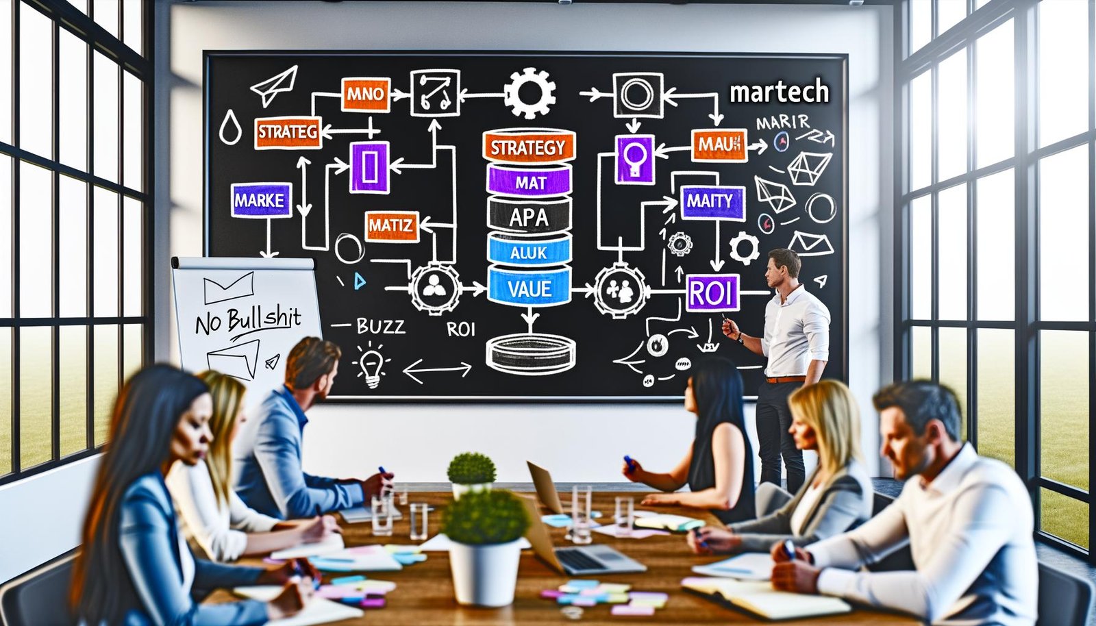 Moderne Marketingredaktion mit diversen Expert:innen, die vor einem großen Bildschirm mit MarTech Stack, bunten Tools und ehrlichen Notizen wie „No Bullshit“ an Whiteboards arbeiten.