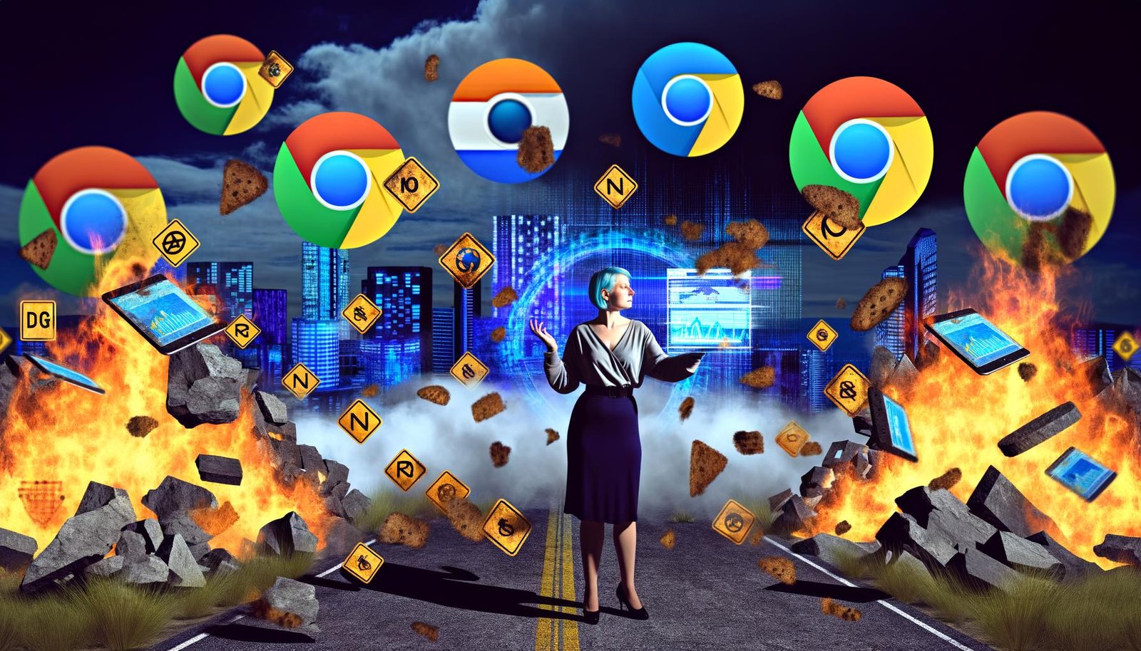 Digitaler Marketer in dystopischer Landschaft mit brennenden Cookie-Symbolen, zerstörtem Analytics-Dashboard, übergroßen Browser-Logos, 'No Third-Party Cookies'-Schildern und Symbolen für Datenschutzgesetze und neue Tracking-Lösungen.