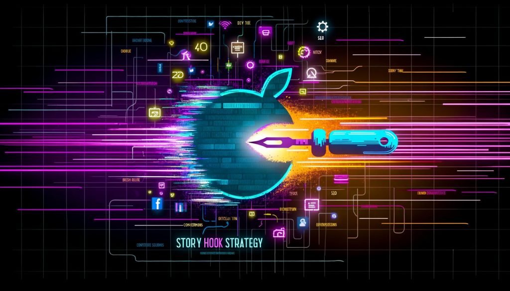 Futuristische Header-Grafik mit großem Skalpellsymbol, das farbenfrohe digitale Lichter durch veraltete Textfragmente schneidet. Im Hintergrund blurry Icons für SEO und Conversion, unterstützt durch moderne Diagramme und Binärcode-Muster.