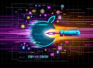 Futuristische Header-Grafik mit großem Skalpellsymbol, das farbenfrohe digitale Lichter durch veraltete Textfragmente schneidet. Im Hintergrund blurry Icons für SEO und Conversion, unterstützt durch moderne Diagramme und Binärcode-Muster.