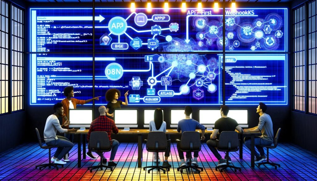 Technologieexperten arbeiten gemeinsam an einem digitalen Whiteboard mit n8n-Workflow-Diagrammen, Code-Snippets und API-Flussdiagrammen in einem modernen Workspace mit leuchtenden Farben.