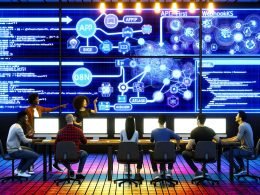 Technologieexperten arbeiten gemeinsam an einem digitalen Whiteboard mit n8n-Workflow-Diagrammen, Code-Snippets und API-Flussdiagrammen in einem modernen Workspace mit leuchtenden Farben.