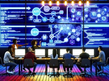 Technologieexperten arbeiten gemeinsam an einem digitalen Whiteboard mit n8n-Workflow-Diagrammen, Code-Snippets und API-Flussdiagrammen in einem modernen Workspace mit leuchtenden Farben.