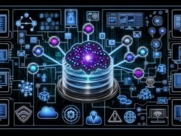 Leuchtendes Content-Management-System als zentraler Knotenpunkt mit Schnittstellen zu digitalen Plattformen, umgeben von Datenströmen und Technologiemodulen in Neonfarben vor dunklem Hintergrund