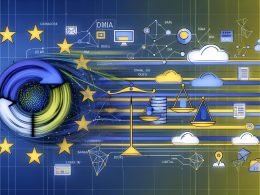 Abstrakte, moderne Illustration zeigt Datenströme, EU-Sterne, Waage, Server, Marketing-Icons und Dokumente in kühlen Farben mit Symbolen für DMA, DSA und Netzneutralität. Im Hintergrund Wolken, Apps, Kabel und Binärcode – Metapher für Herausforderungen und Chancen der digitalen EU-Regulierung.