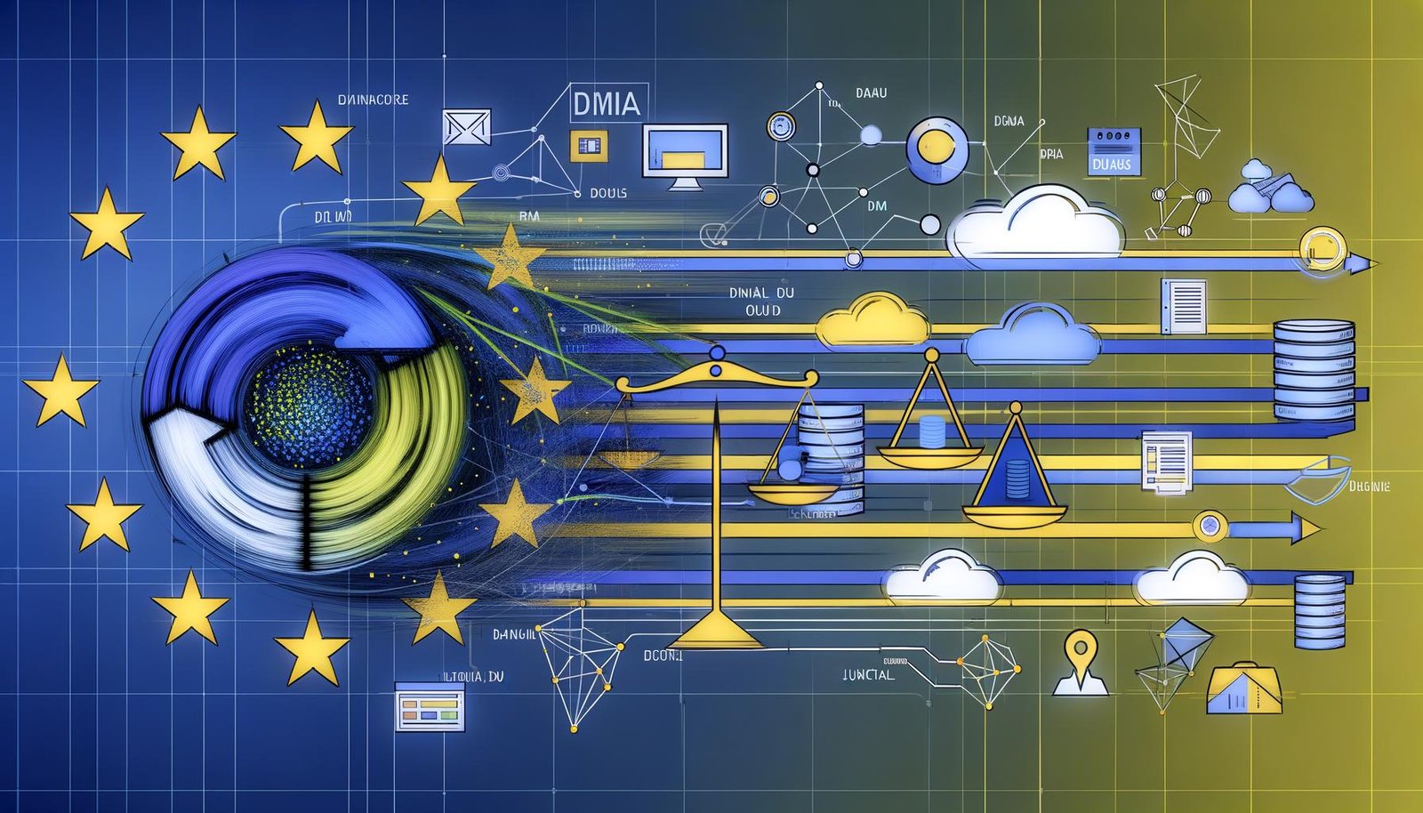 Abstrakte, moderne Illustration zeigt Datenströme, EU-Sterne, Waage, Server, Marketing-Icons und Dokumente in kühlen Farben mit Symbolen für DMA, DSA und Netzneutralität. Im Hintergrund Wolken, Apps, Kabel und Binärcode – Metapher für Herausforderungen und Chancen der digitalen EU-Regulierung.