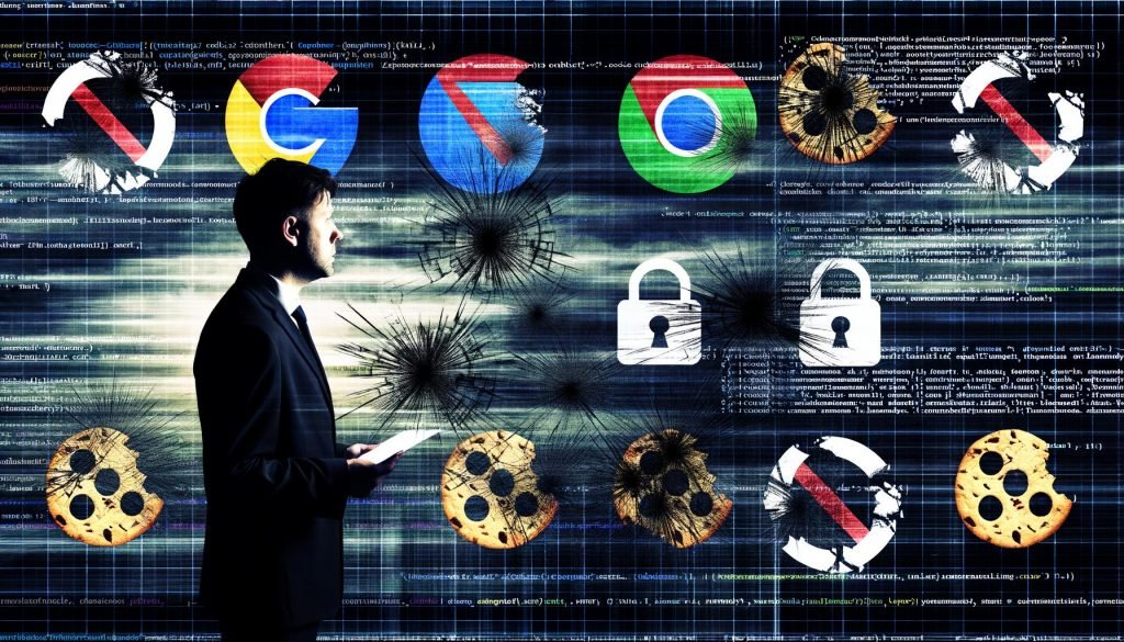 Digitale Collage über das Aus von Third-Party-Cookies: Zersplitterte Cookie-Symbole, Browser-Icons mit Cookie-Block, Codefragmente, Datenschutz-Symbole und ein ratloser Marketer vor verschwommenen Daten.