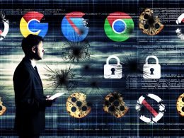 Digitale Collage über das Aus von Third-Party-Cookies: Zersplitterte Cookie-Symbole, Browser-Icons mit Cookie-Block, Codefragmente, Datenschutz-Symbole und ein ratloser Marketer vor verschwommenen Daten.