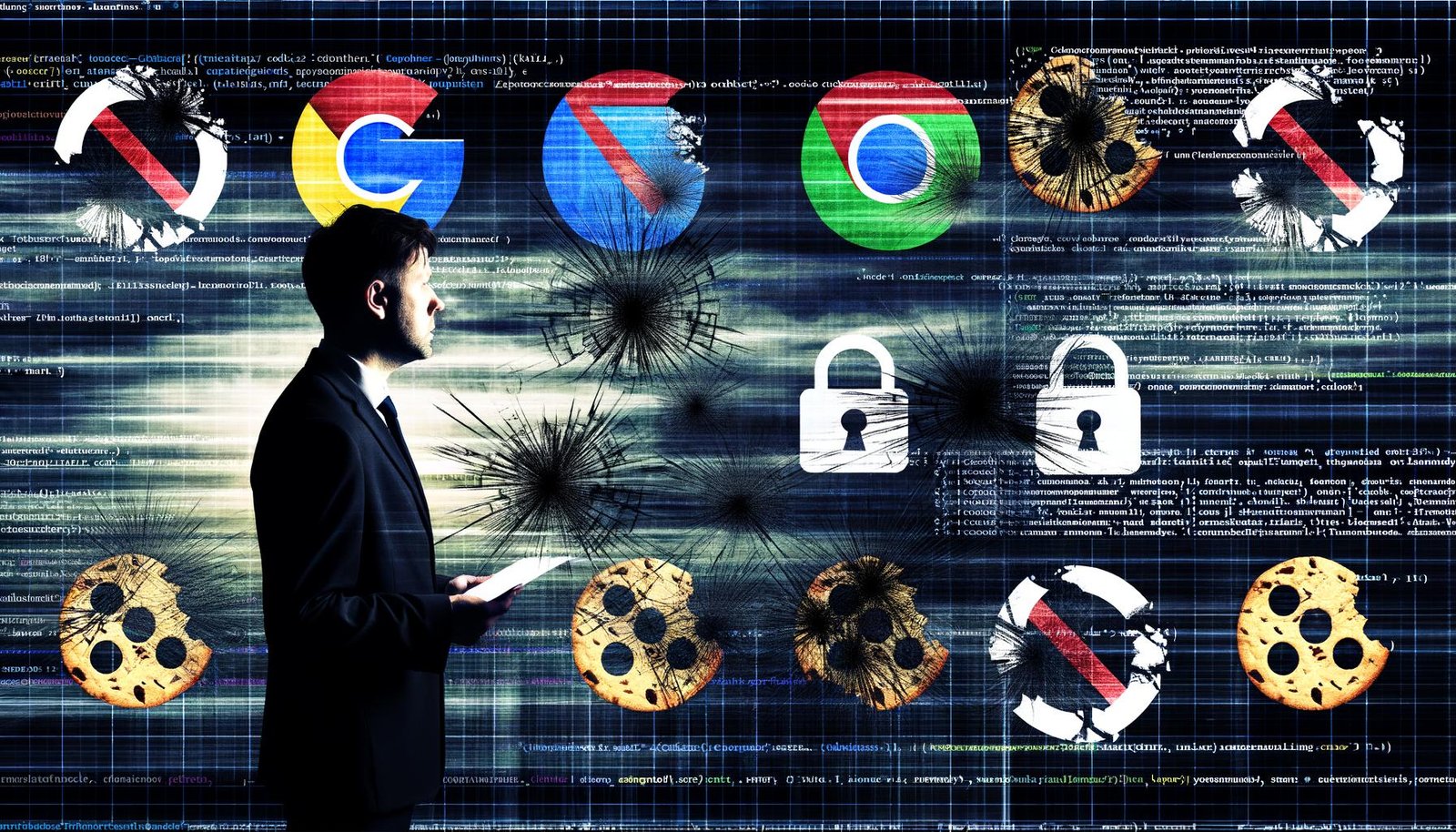 Digitale Collage über das Aus von Third-Party-Cookies: Zersplitterte Cookie-Symbole, Browser-Icons mit Cookie-Block, Codefragmente, Datenschutz-Symbole und ein ratloser Marketer vor verschwommenen Daten.