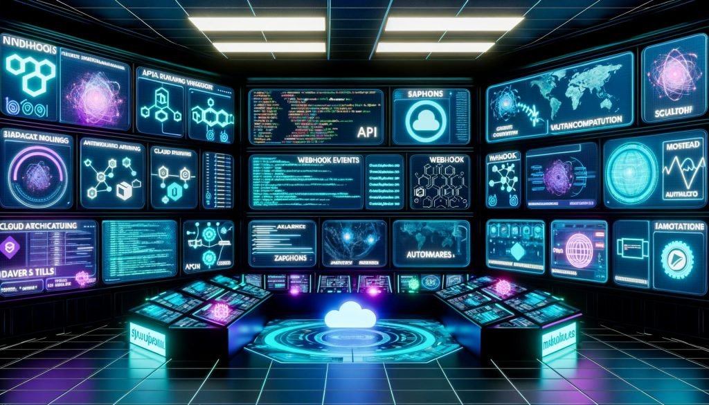 Futuristisch gestalteter Kontrollraum mit digitalen Stripe-Workflows, API-Flussdiagrammen, Webhooks, serverlosen Architekturen und Hologrammen von Programmiercode, umgeben von blauen und neonfarbenen Elementen.