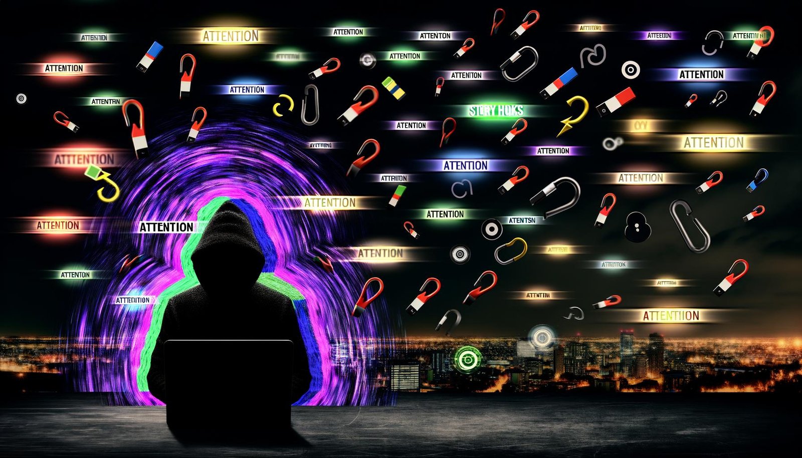 Digitale Großstadtsilhouette bei Nacht mit Person in Kapuze am Laptop, umgeben von leuchtenden Story-Hooks und Neonschriftzug ‚Attention‘.