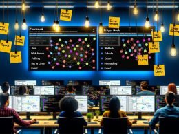 Team von IT-Profis arbeitet an modernen Rechnern mit n8n Workflows, farbigen Trigger-Knoten und zukunftsweisender Büroausstattung.