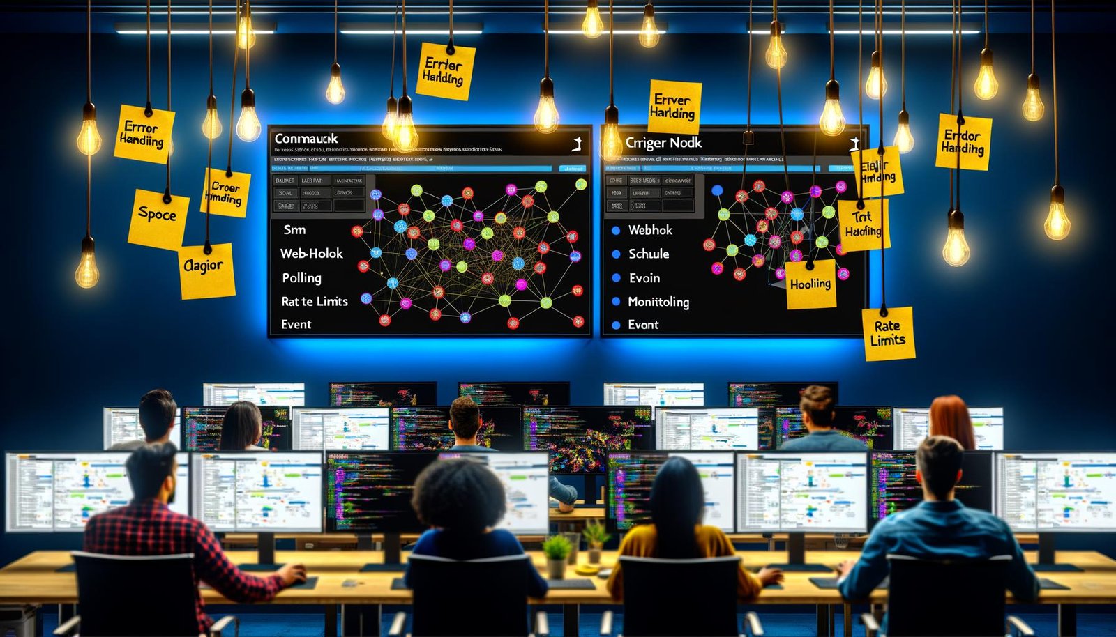 Team von IT-Profis arbeitet an modernen Rechnern mit n8n Workflows, farbigen Trigger-Knoten und zukunftsweisender Büroausstattung.