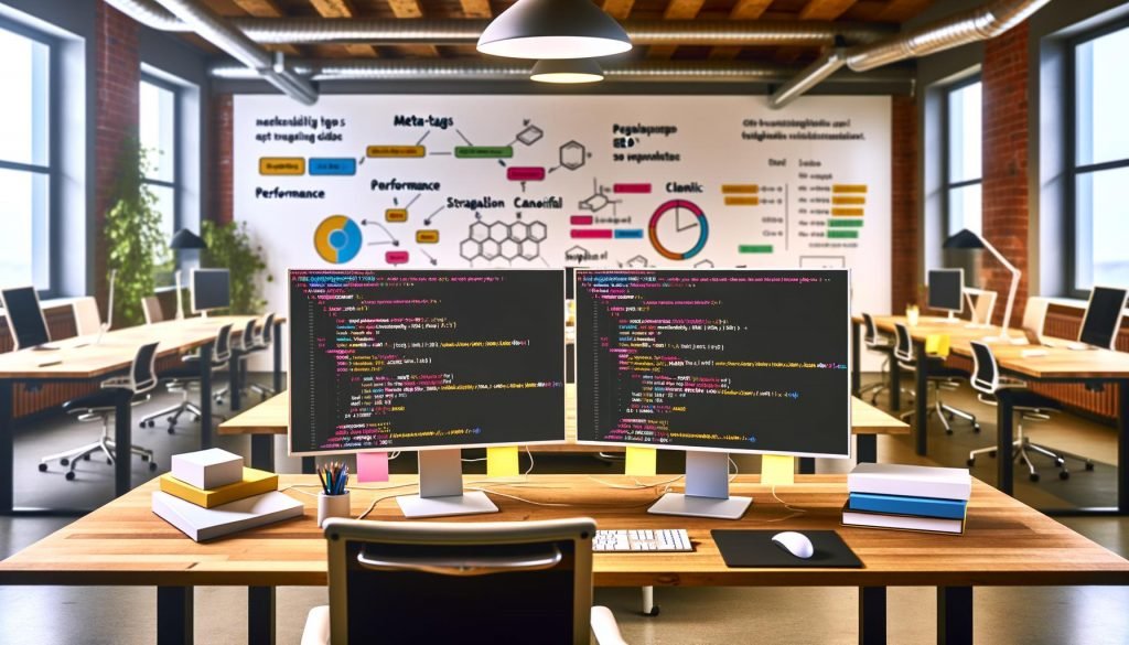 Arbeitsbereich eines Entwicklers im Loft-Büro mit Code-Editor für SEO-Templates, Meta-Tags, Checkliste und Whiteboards im Hintergrund.