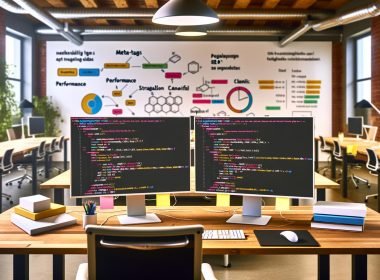 Arbeitsbereich eines Entwicklers im Loft-Büro mit Code-Editor für SEO-Templates, Meta-Tags, Checkliste und Whiteboards im Hintergrund.