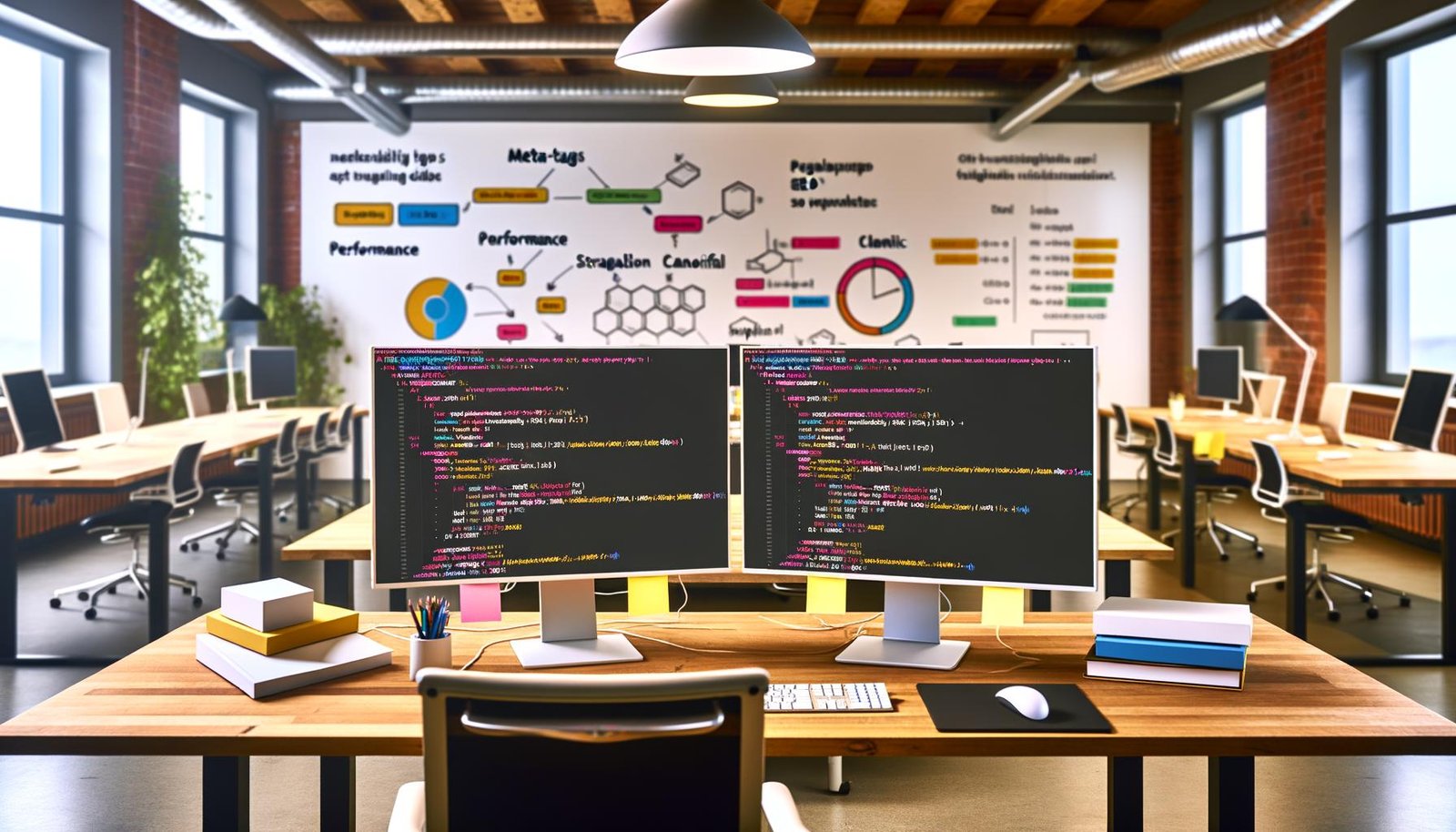 Arbeitsbereich eines Entwicklers im Loft-Büro mit Code-Editor für SEO-Templates, Meta-Tags, Checkliste und Whiteboards im Hintergrund.