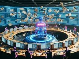 Futuristische Redaktion mit Menschen und KI, die gemeinsam an holografischen Inhalten und einem großen Dashboard arbeiten. Umschwung von Papierchaos zu digitaler Automatisierung.