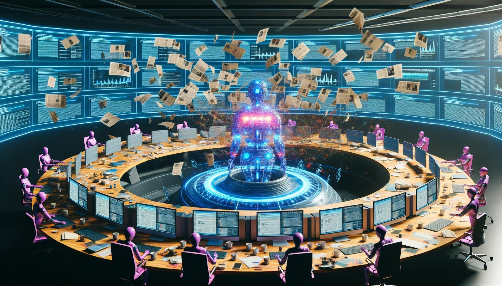 Futuristische Redaktion mit Menschen und KI, die gemeinsam an holografischen Inhalten und einem großen Dashboard arbeiten. Umschwung von Papierchaos zu digitaler Automatisierung.
