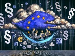 Collage mit protestierenden Akteuren der Digitalbranche vor durchbrochener EU-Flagge, Datenströmen sowie Symbolen großer Tech-Konzerne und Gesetzesabkürzungen.