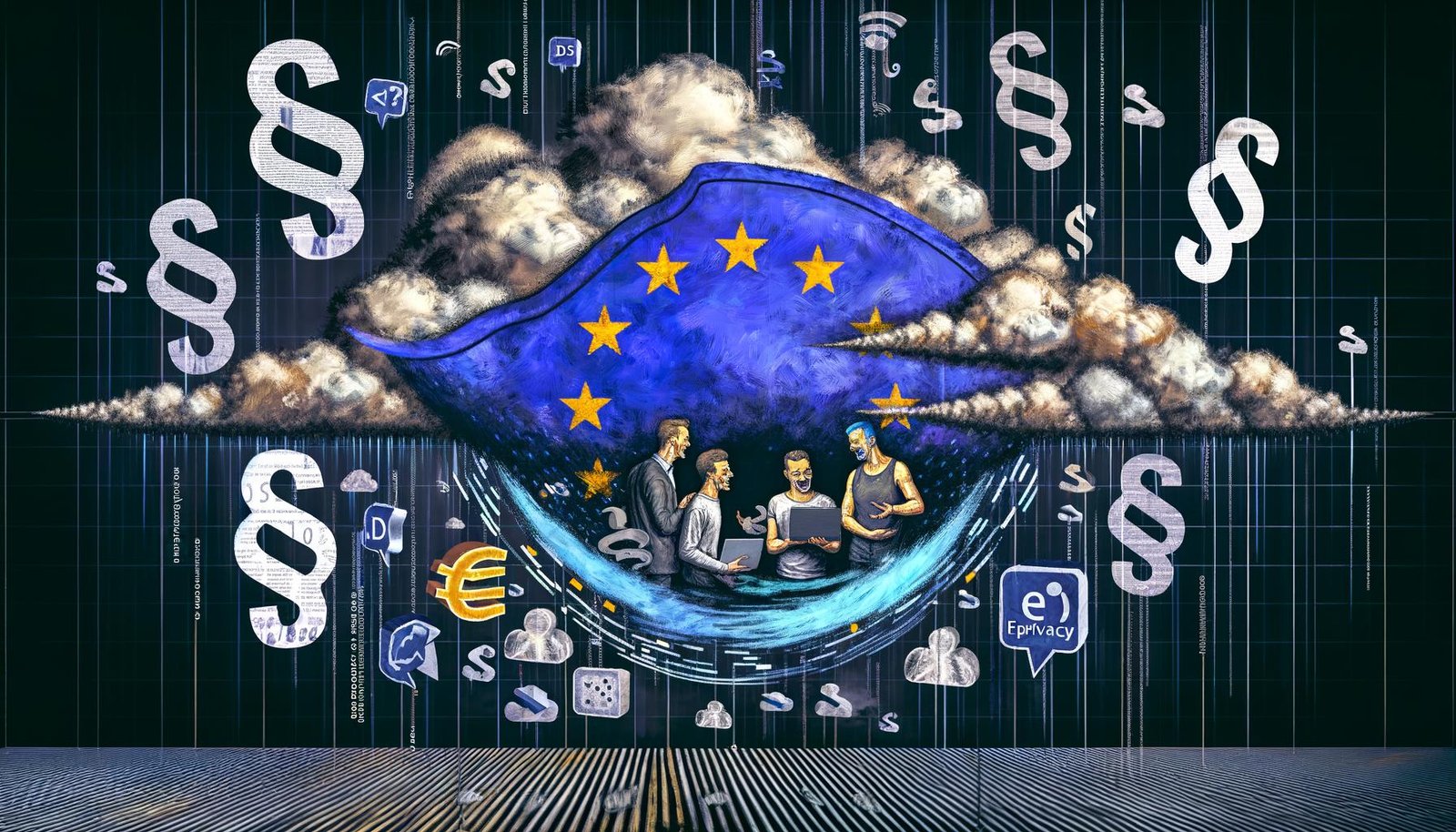 Collage mit protestierenden Akteuren der Digitalbranche vor durchbrochener EU-Flagge, Datenströmen sowie Symbolen großer Tech-Konzerne und Gesetzesabkürzungen.