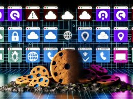 Konzeptuelle Darstellung der Entwicklung des Online-Trackings mit sinkenden Cookie-Icons, aufsteigenden Fingerabdruck- und Cloud-Symbolen vor browserbasiertem Datenschutz-Kontext, im cyberpunkartigen, kontrastreichen Stil.