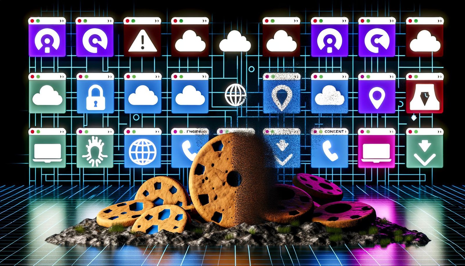 Konzeptuelle Darstellung der Entwicklung des Online-Trackings mit sinkenden Cookie-Icons, aufsteigenden Fingerabdruck- und Cloud-Symbolen vor browserbasiertem Datenschutz-Kontext, im cyberpunkartigen, kontrastreichen Stil.