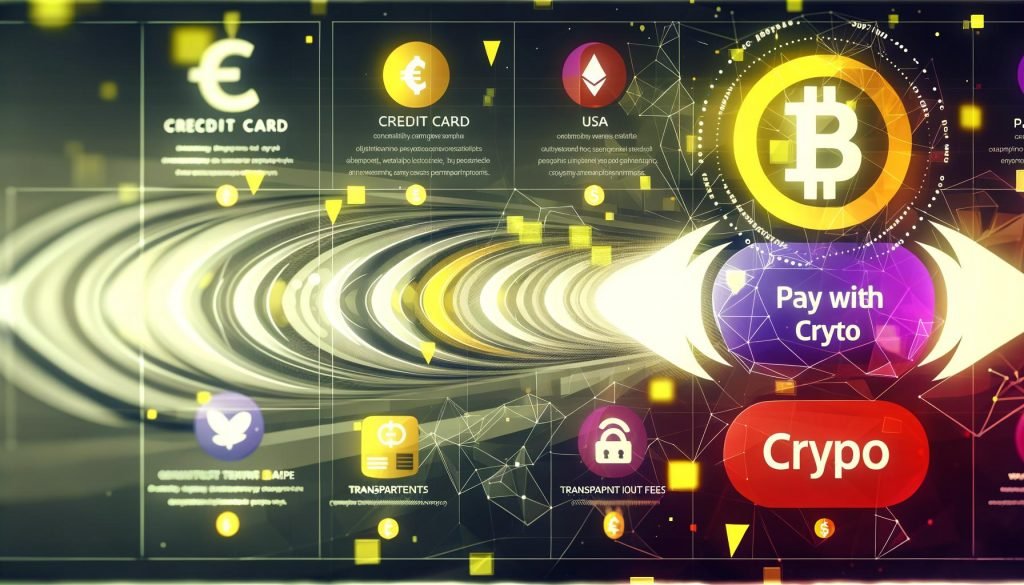 Moderne, dynamische Illustration eines E-Commerce-Dashboards mit farbintensiver Krypto-Zahlungsoption, begleitet von Kreditkarte, Apple Pay, SEPA und schwebenden Krypto-Symbolen wie Bitcoin, Ethereum und USDC. Sichtbare Echtzeitdaten, transparente Gebühren, optimierter Funnel und technische Sicherheits-Icons.
