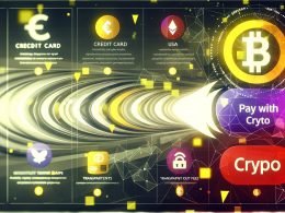 Moderne, dynamische Illustration eines E-Commerce-Dashboards mit farbintensiver Krypto-Zahlungsoption, begleitet von Kreditkarte, Apple Pay, SEPA und schwebenden Krypto-Symbolen wie Bitcoin, Ethereum und USDC. Sichtbare Echtzeitdaten, transparente Gebühren, optimierter Funnel und technische Sicherheits-Icons.