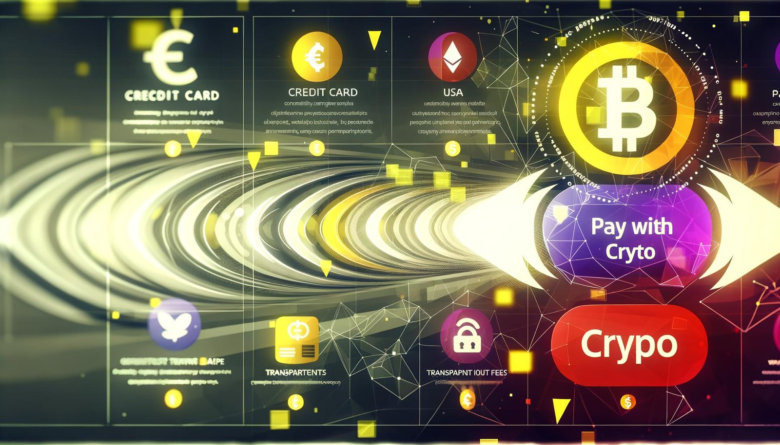 Moderne, dynamische Illustration eines E-Commerce-Dashboards mit farbintensiver Krypto-Zahlungsoption, begleitet von Kreditkarte, Apple Pay, SEPA und schwebenden Krypto-Symbolen wie Bitcoin, Ethereum und USDC. Sichtbare Echtzeitdaten, transparente Gebühren, optimierter Funnel und technische Sicherheits-Icons.