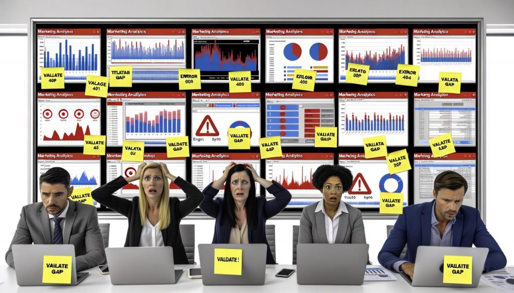 Chaotisches Marketing-Dashboard mit widersprüchlichen Analysen, roten Warnsymbolen, gestressten Marketern und Notizen wie 'Error 404', die auf Validierungsprobleme hinweisen